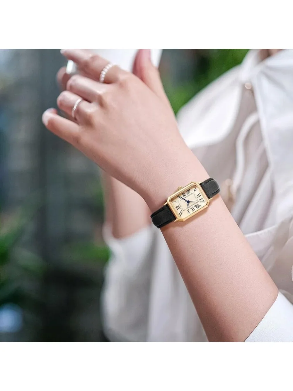 Women's Black Gold Leather Strap Elegant Dainty Vintage Rectangle Wrist Watch